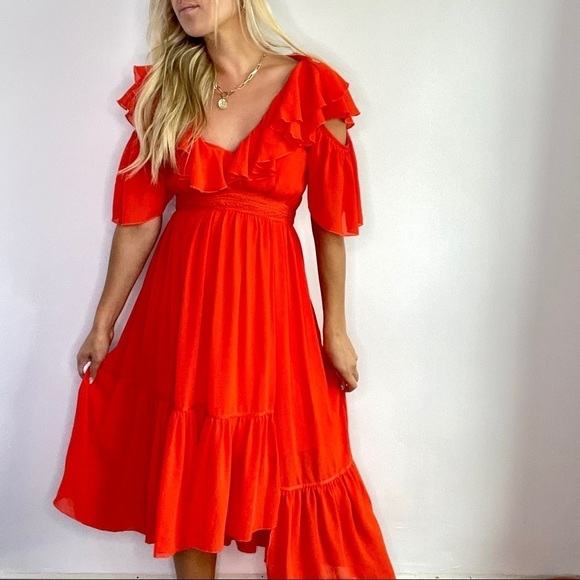 Three Floor Orange Red Ruffle Dress - Picture 1 of 10